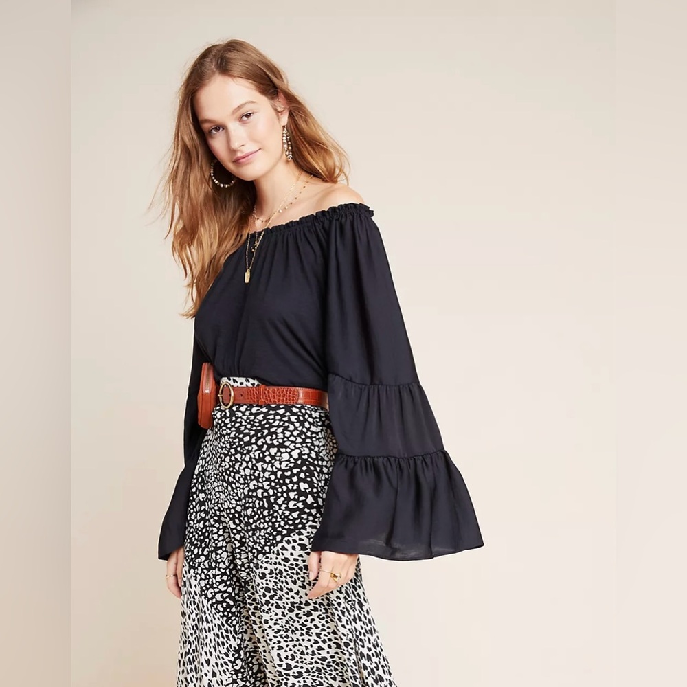 Anthropologie Gloria Black Off-Shoulder Bell Sleeve Top XS